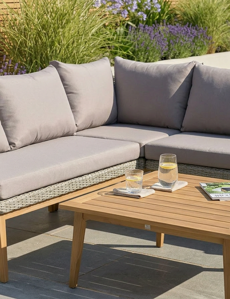 Sol acacia wood corner garden sofa from another angle with coffee table