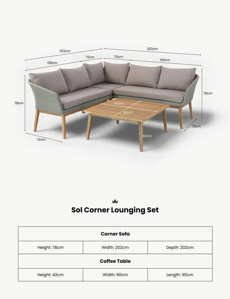 Sol acacia wood sofa section with rattan weave and neutral cushions