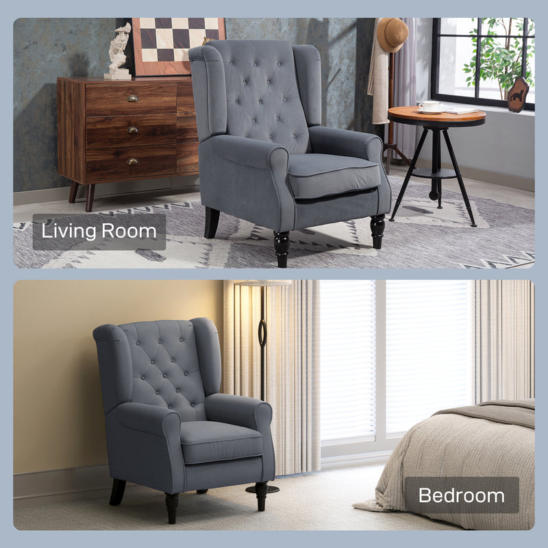 Grey Wingback Accent Chair With Button Tufted Backrest For Living Room Or Bedroom Use