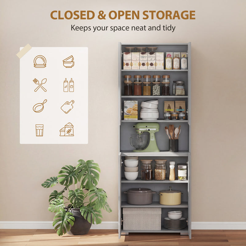 Tall Cupboard For Kitchen Storage with Adjustable Shelves and Soft Close Doors Modern Grey High Gloss 68x34x180cm
