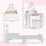 Wooden Kids Bedroom Furniture Set with Bed and Dressing Table for Ages 3 to 6 Years, Pink Bunny Design