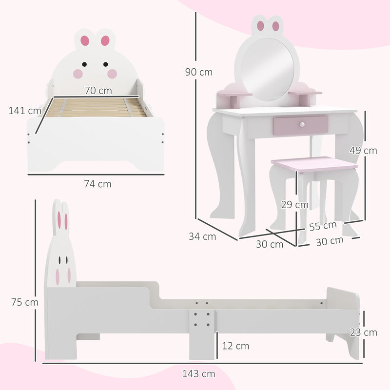 Wooden Kids Bedroom Furniture Set with Bed and Dressing Table for Ages 3 to 6 Years, Pink Bunny Design