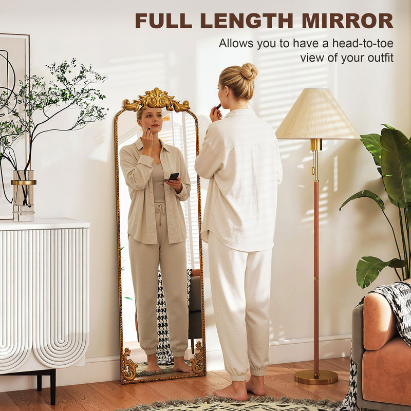 Full Length Standing Mirror for Outfits with Shatterproof Glass and Vintage Metal Frame Gold Tone