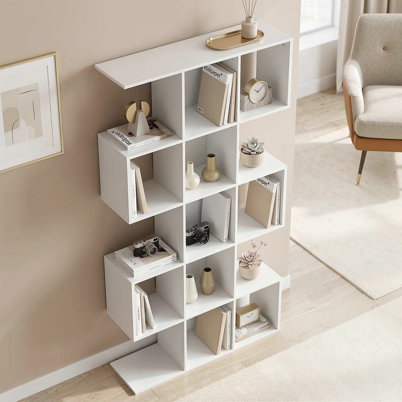 HOMCOM 5-Tier Bookshelf, S Shaped Geometric Bookcase with 15 Compartments, White Wood Effect AOSOM