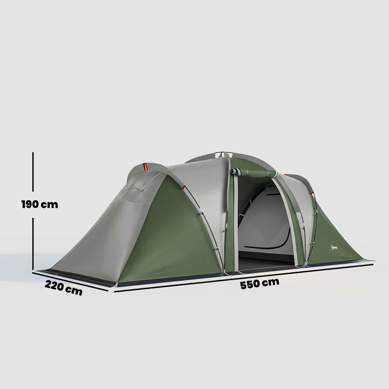 4-6 Person Waterproof Tunnel Camping Tent With 2 Bedrooms, Living Room & Porch, Green