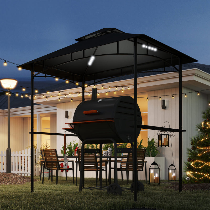 8 x 5 ft Grill Gazebo Double Tier BBQ Shelter with LED Lights Shelves and Hooks Dark Grey by Outsunny