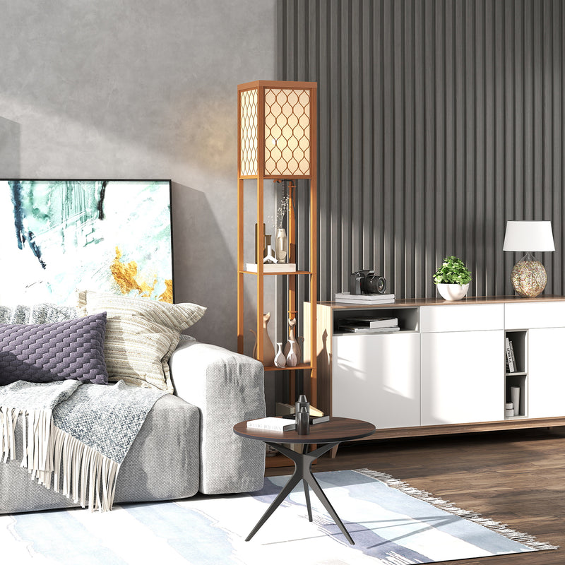 Three Shelf Wooden Standing Floor Lamp with Linen Shade for Living Room by HOMCOM