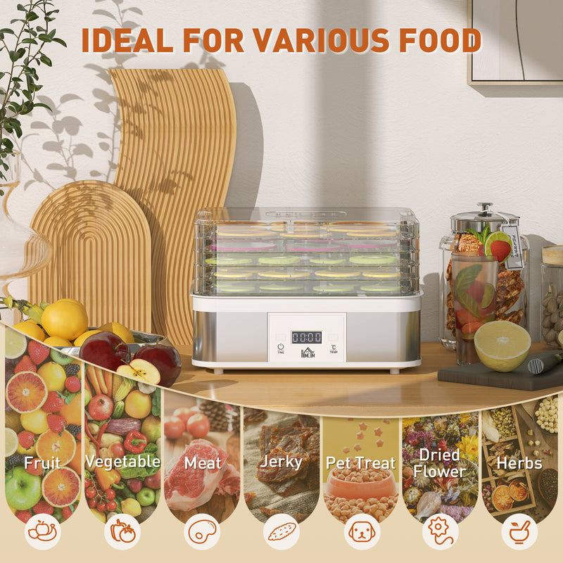 5 Tier Stainless Steel Food Dehydrator with Timer LCD Display for Snacks and Jerky White