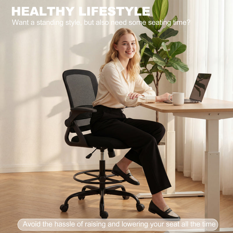 Adjustable Draughtsman Chair with Mesh Back and Flip-Up Arms for Home Office Black AOSOM