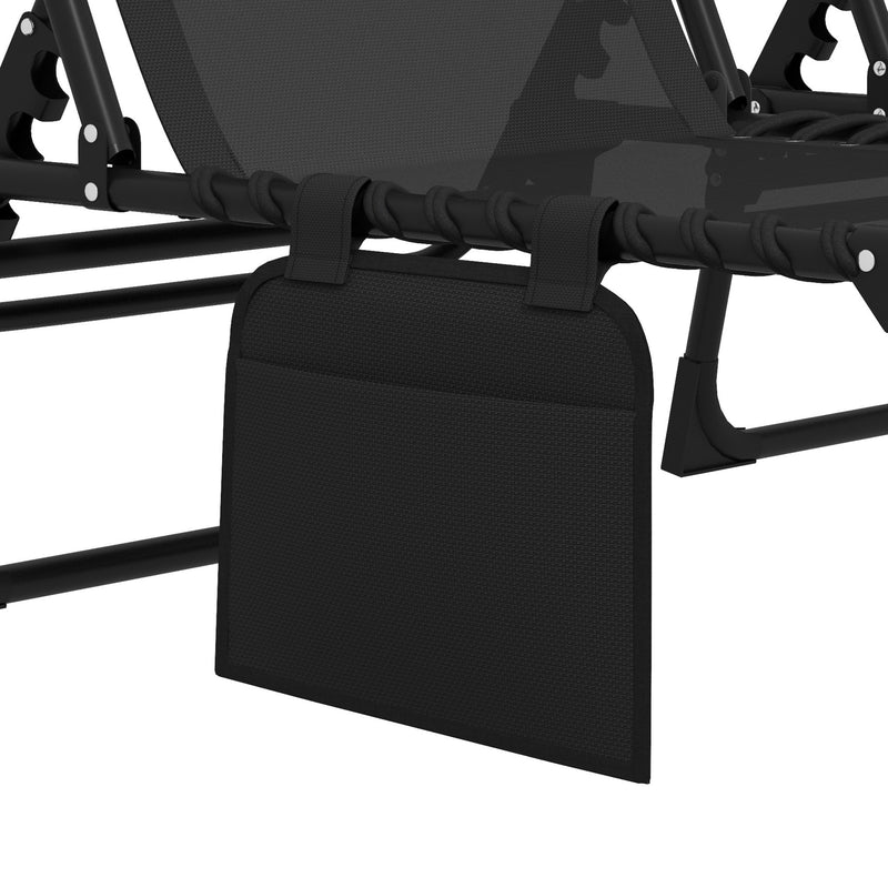 Black Folding Sun Lounger Set of 2 with Adjustable Backrest and Side Pocket for Garden