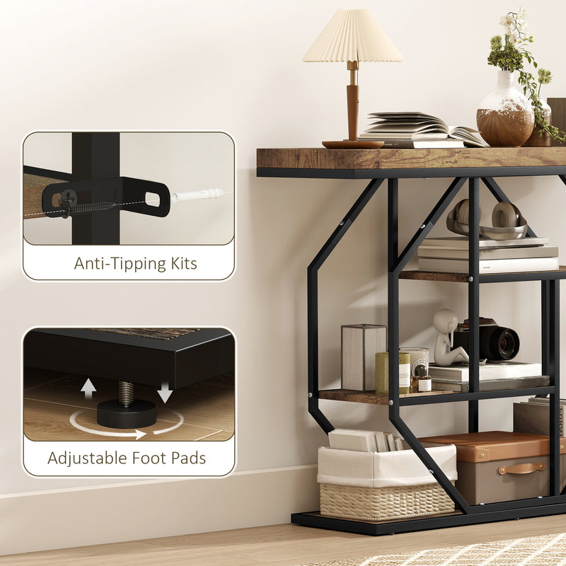 4 Tier Industrial Console Table With Storage Shelves For Hallway Or Living Room Rustic Brown AOSOM
