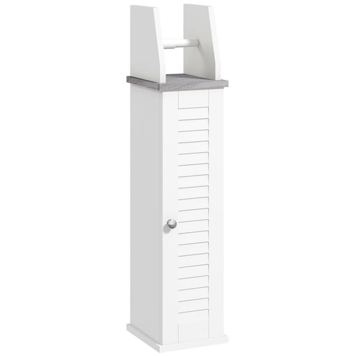 Slim Bathroom Storage Cabinet With Roll Holder Adjustable Shelf And Cupboard, White