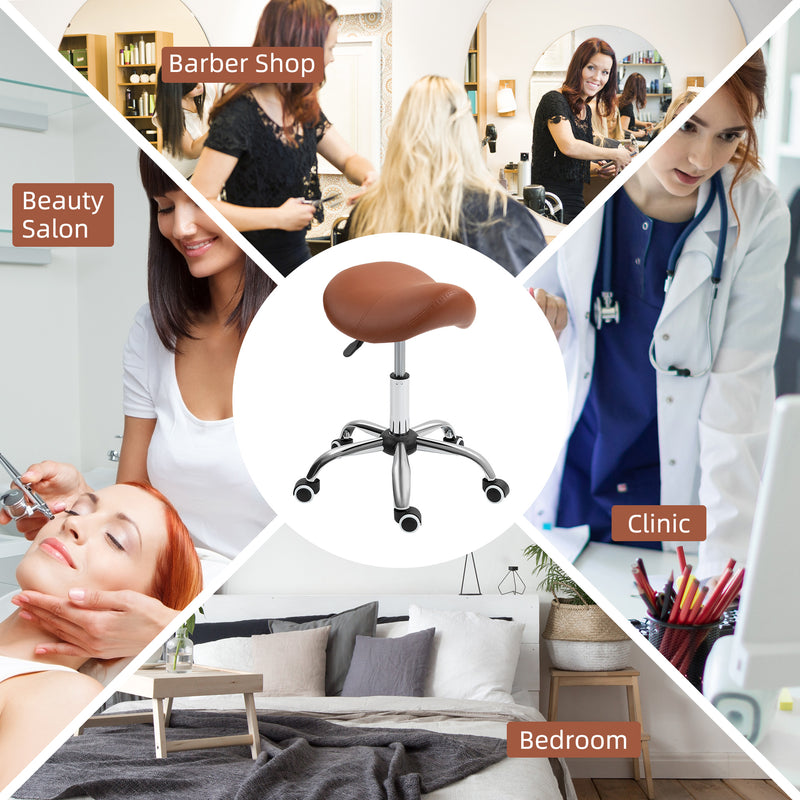 Height Adjustable Saddle Stool for Salon or Spa Use with Faux Leather Seat Brown