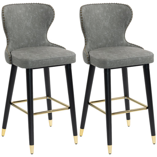 Set of 2 PU Leather Bar Stools with Backrest and Footrest for Kitchen or Breakfast Bar Grey