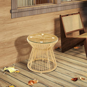 Round Rattan Side Table with Glass Top for Garden Patio and Balcony by Outsunny