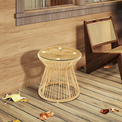 Round Rattan Side Table with Glass Top for Garden Patio and Balcony by Outsunny
