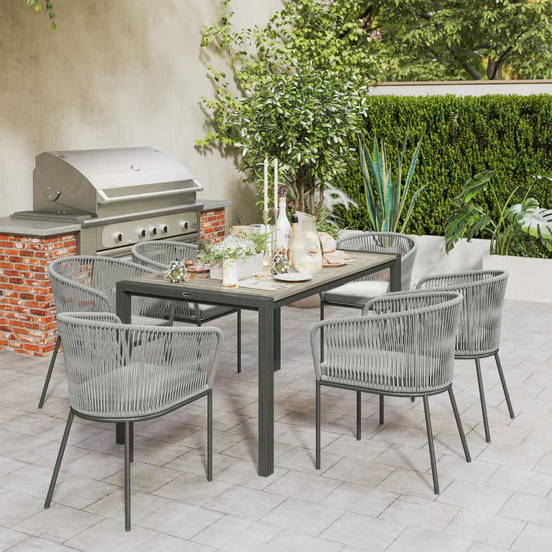 Grey 6 Seater Rattan Garden Dining Set with Rectangular Acacia Table and Cushions by Outsunny