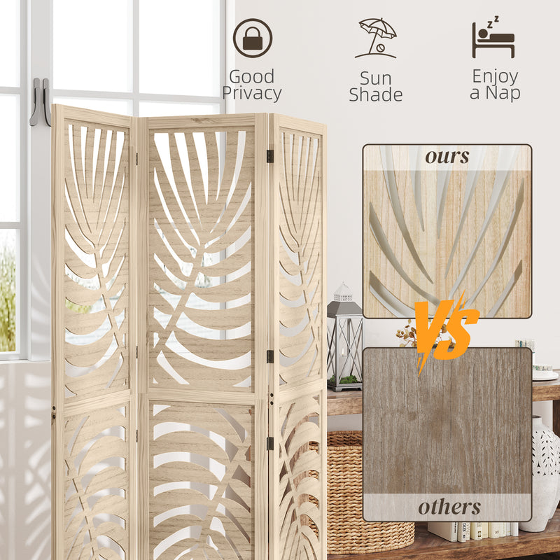 3 Panel Folding Room Divider with Palm Leaf Design for Home Office Privacy, Natural Wood AOSOM