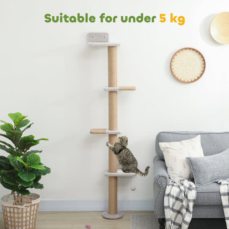 Wall Mounted Cat Climbing Shelves With Scratching Post and Toy Ball 180cm Tall For Indoor Catshi, Light Grey