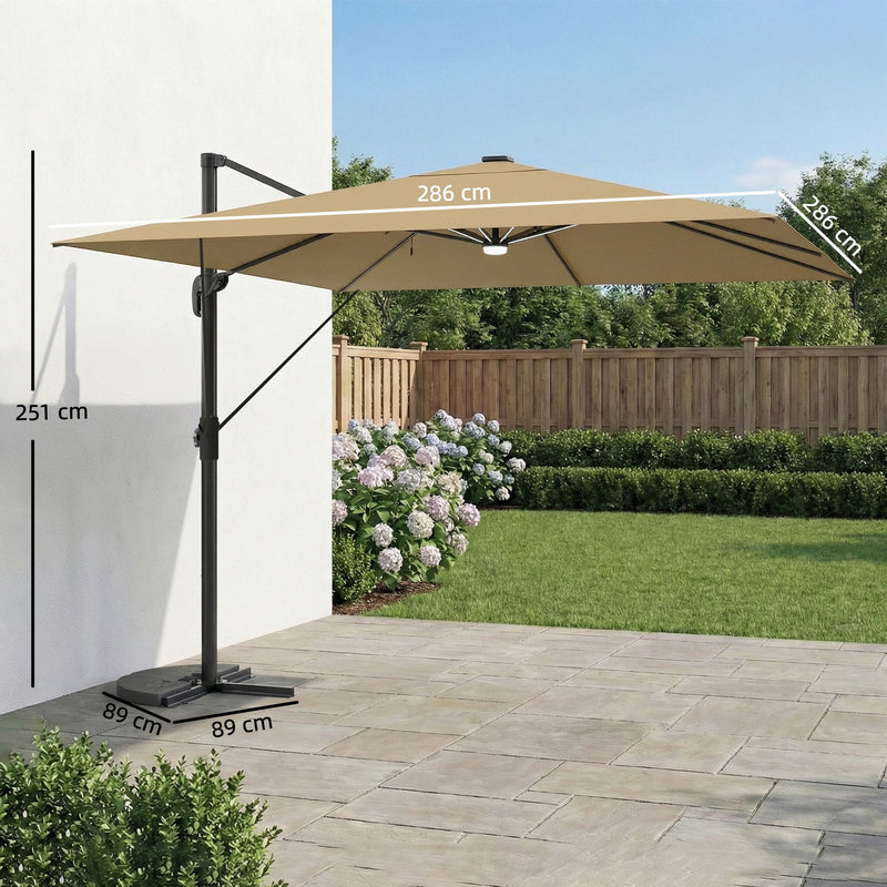 Square Cantilever Parasol with Lights For Garden - Easily Adjustable UPF 30+ Shade - Crank/Tilt - Khaki
