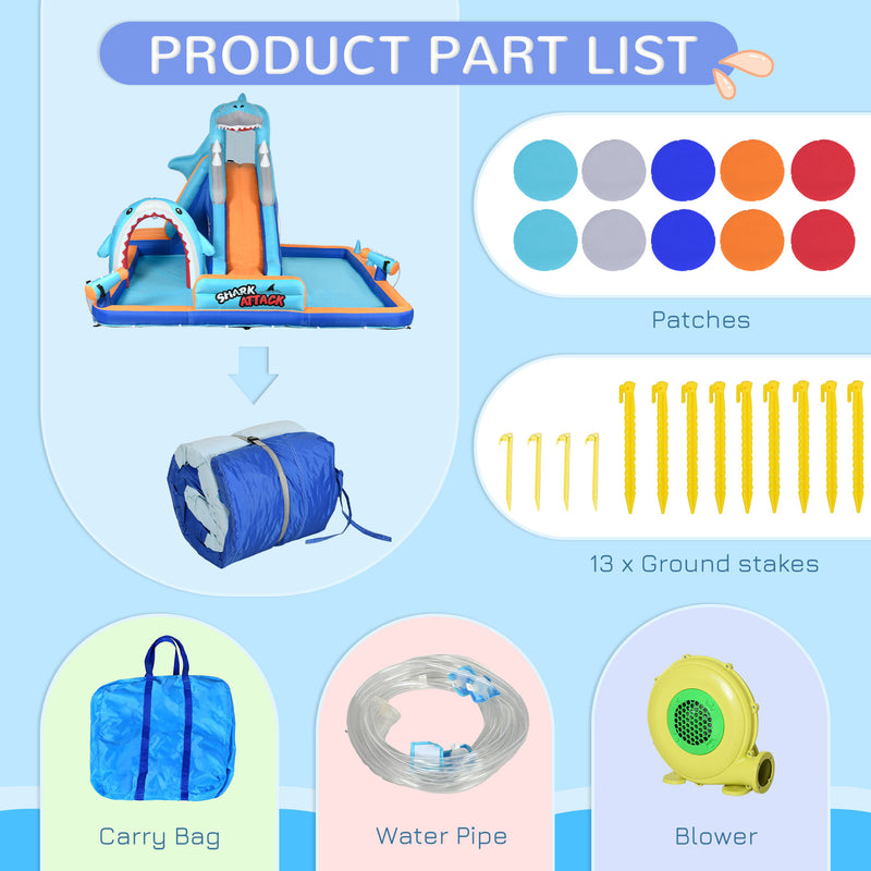 6 in 1 Inflatable Water Park with Slide Pool Trampoline and Blower for Kids Ages 3-8 Years, Blue Outsunny