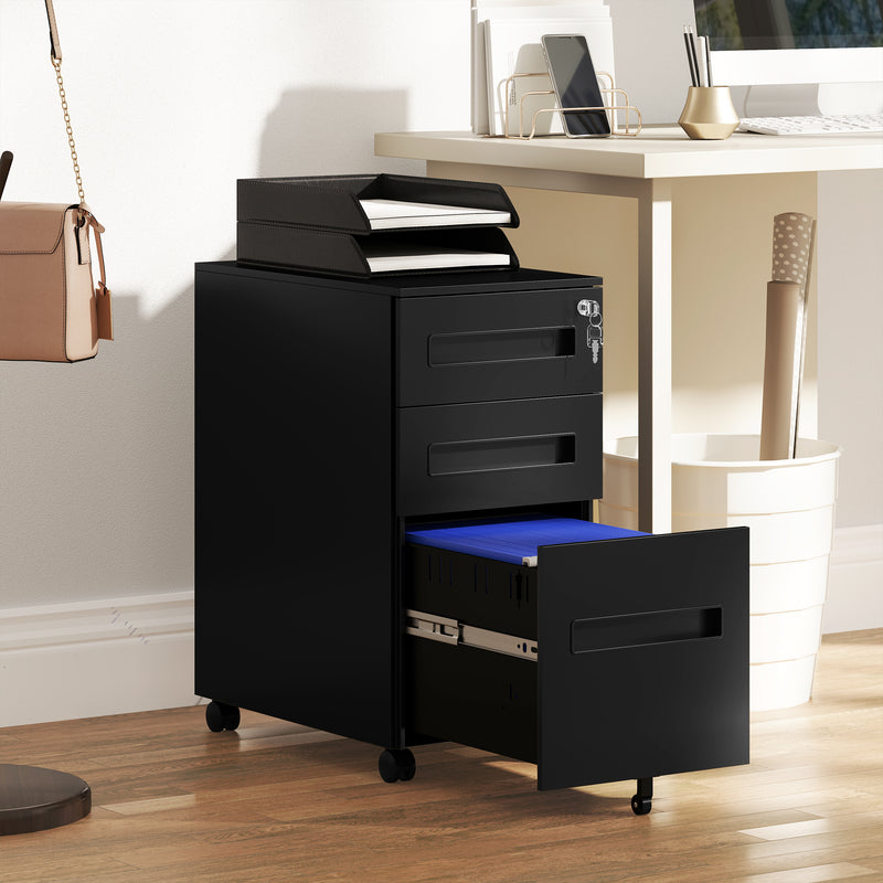 Black Metal Mobile File Cabinet with Lockable Drawers and Wheels for Home Office by Vinsetto