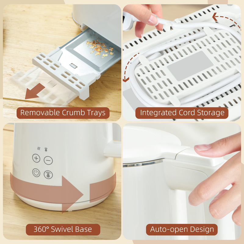 White 1.5L 3000W Rapid Boil Kettle and 2 Slice Toaster Set with 7 Browning Levels by HOMCOM