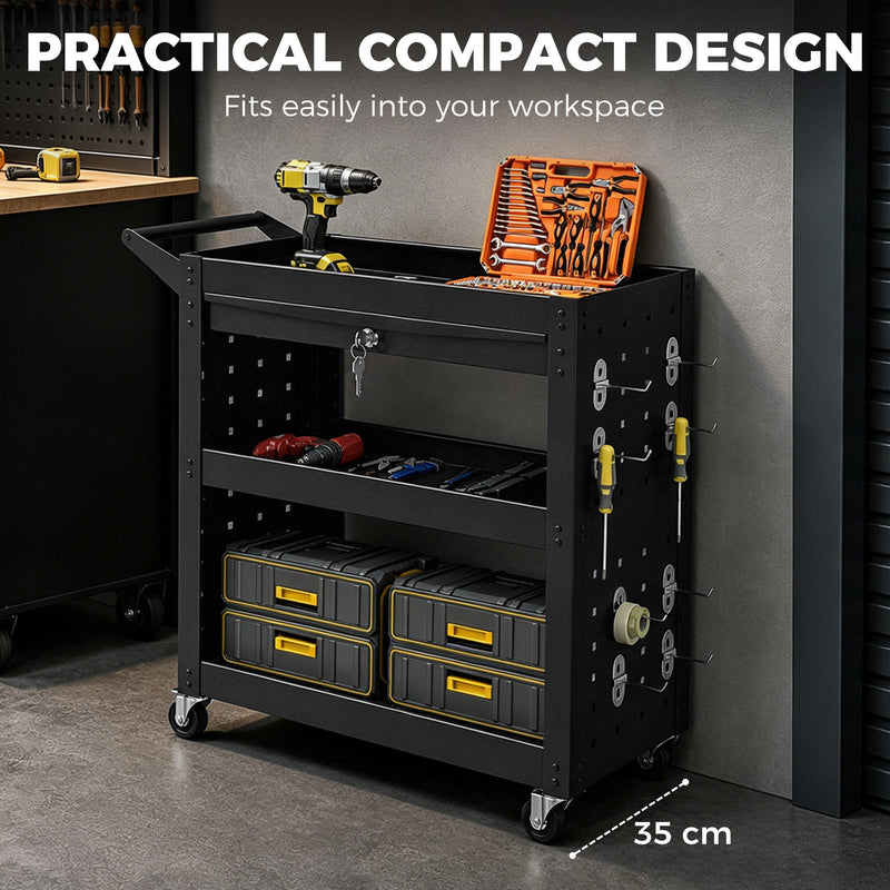 Tool Trolley with Lockable Drawer and Pegboards for Organised Workshop Storage Black