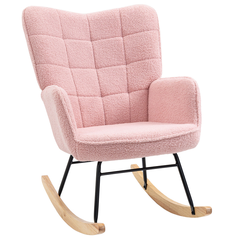 Pink Soft Fleece Wingback Rocking Chair Comfortable Elegant Design by HOMCOM