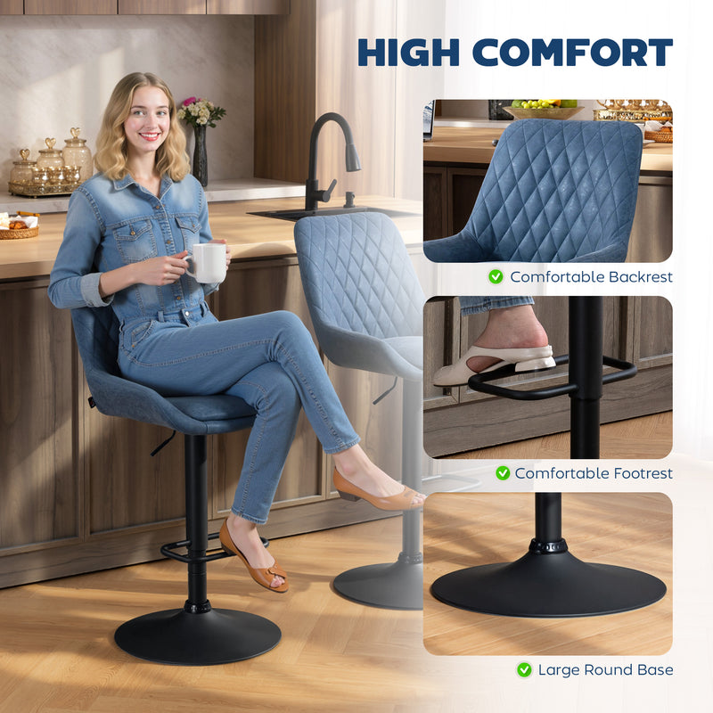 Set of 2 Retro Bar Stools with Adjustable Height and Padded Seat for Kitchen Dark Blue