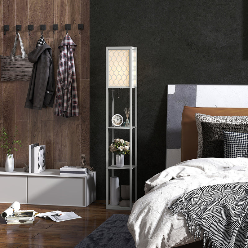 Grey and White Three Shelf Floor Lamp with Fabric Shade for Living Rooms by HOMCOM