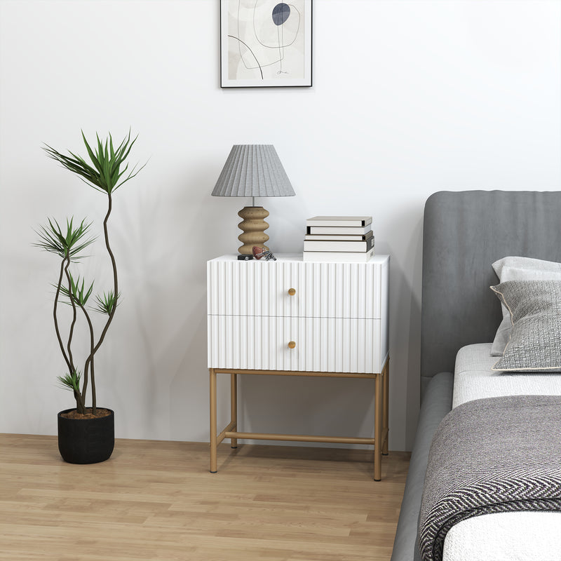 White 2 Drawer Bedside Table With Gold Legs Elegant Bedroom Storage by HOMCOM