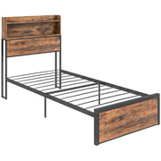 Single Metal Bed Frame With Storage Headboard and Slatted Base For Bedroom, Rustic Brown