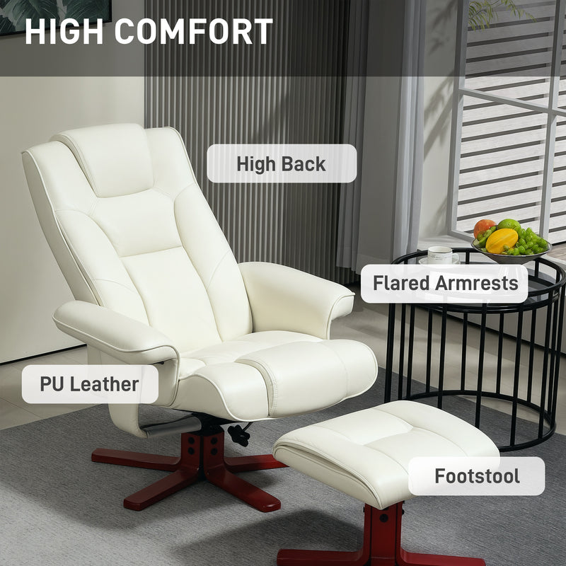 Reclining Chair and Footstool Set for Relaxing at Home with Padded Faux Leather Cream White