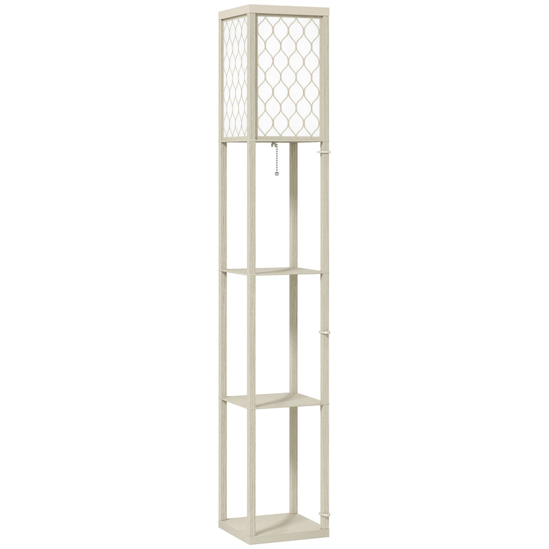 Three Shelf Standing Floor Lamp with Oak Frame and White Shade for Living Room by HOMCOM