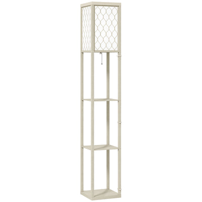 Three Shelf Standing Floor Lamp with Oak Frame and White Shade for Living Room by HOMCOM