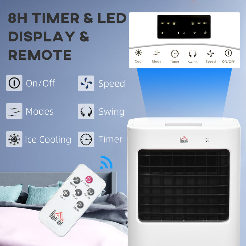 Portable air conditioner with remote control and feature icons on a blue background