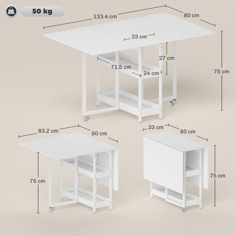 White Folding Drop Leaf Dining Table With Storage Shelves For Small Kitchens