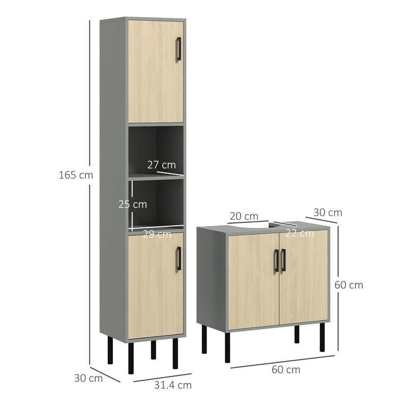 Bathroom Cabinet Furniture Set with Tall Storage and Adjustable Shelves Under Sink Grey AOSOM