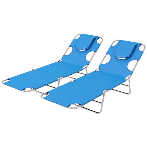 Set of 2 Blue Foldable Sun Loungers with Reading Hole and 5 Position Adjustable Backrest