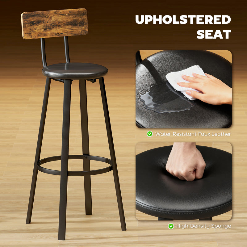 Set of 2 Industrial Bar Stools with Backrests and Footrests for Kitchen Island Rustic Brown and Black