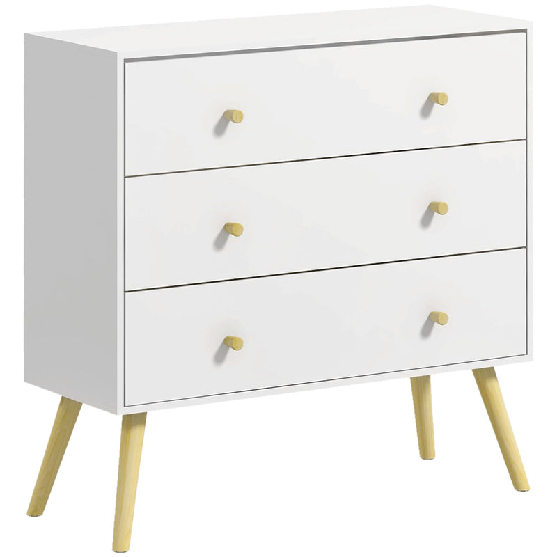 Scandi Inspired 3 Drawer Chest of Drawers White Particle Board Wood Legs Anti-Tipping Design 80W x 30D x 80H cm Storage Solution Homcom