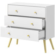 Scandi Inspired 3 Drawer Chest of Drawers White Particle Board Wood Legs Anti-Tipping Design 80W x 30D x 80H cm Storage Solution Homcom