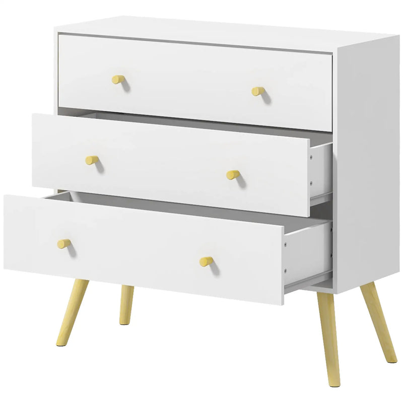 Scandi Inspired 3 Drawer Chest of Drawers White Particle Board Wood Legs Anti-Tipping Design 80W x 30D x 80H cm Storage Solution Homcom