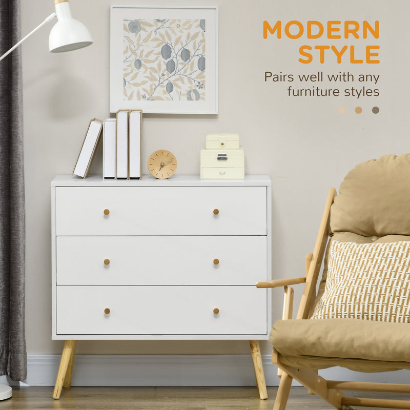 Scandi Inspired 3 Drawer Chest of Drawers White Particle Board Wood Legs Anti-Tipping Design 80W x 30D x 80H cm Storage Solution Homcom
