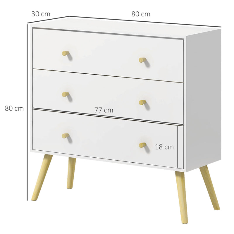 Scandi Inspired 3 Drawer Chest of Drawers White Particle Board Wood Legs Anti-Tipping Design 80W x 30D x 80H cm Storage Solution Homcom