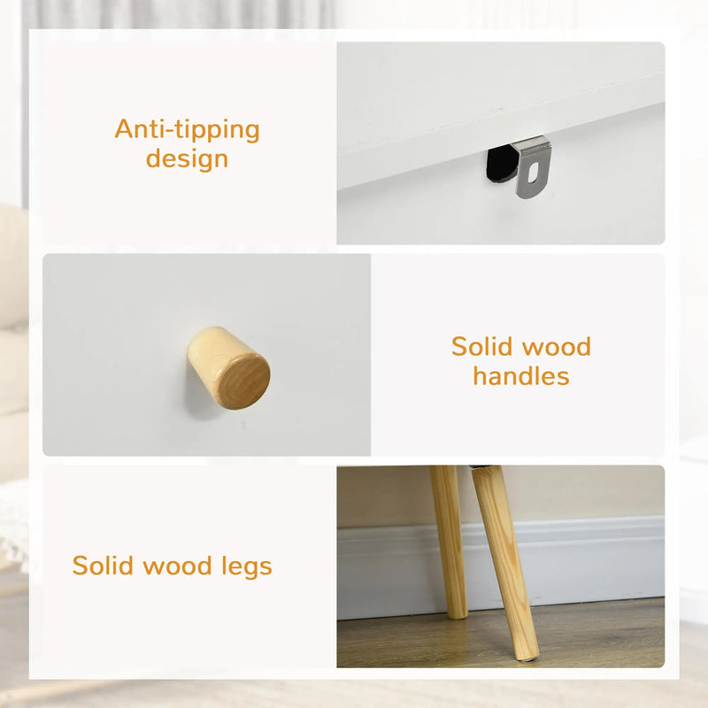 Scandi Inspired 3 Drawer Chest of Drawers White Particle Board Wood Legs Anti-Tipping Design 80W x 30D x 80H cm Storage Solution Homcom
