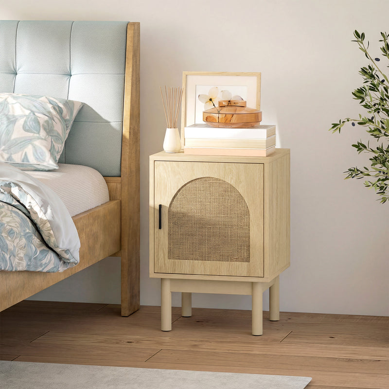 Bedside Table with Adjustable Shelf and Rattan Door for Organised Bedroom Storage Natural Wood Homcom