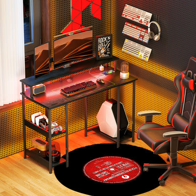 Black Computer Desk with Power Outlets LED Lights and Storage Shelves by HOMCOM