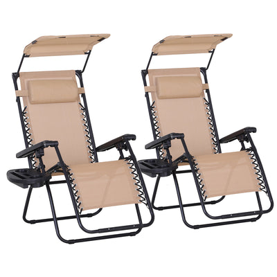 Beige Zero Gravity Garden Sun Lounger Set with Headrests Cup Holders and Canopy Shade